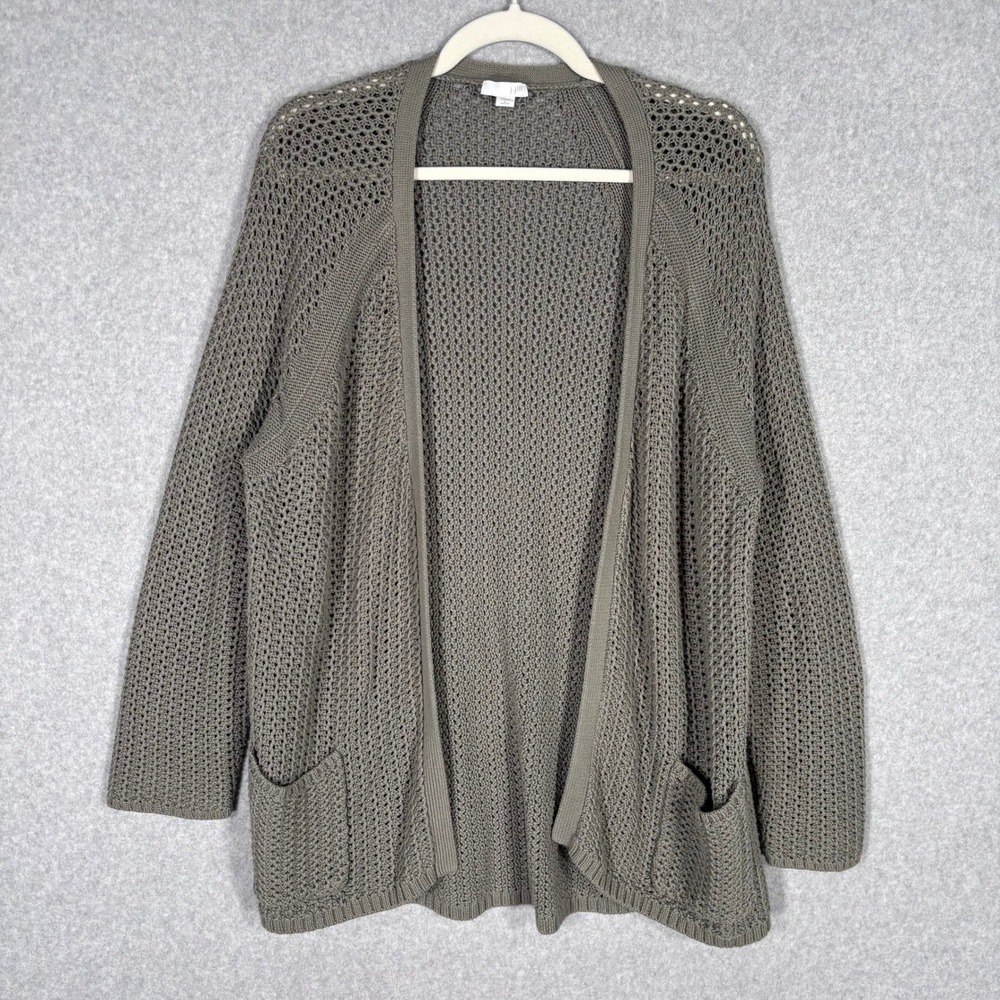 J Jill Open Knit Cardigan Sweater Large Petite Crochet Chunky Knit Cotton Beachy